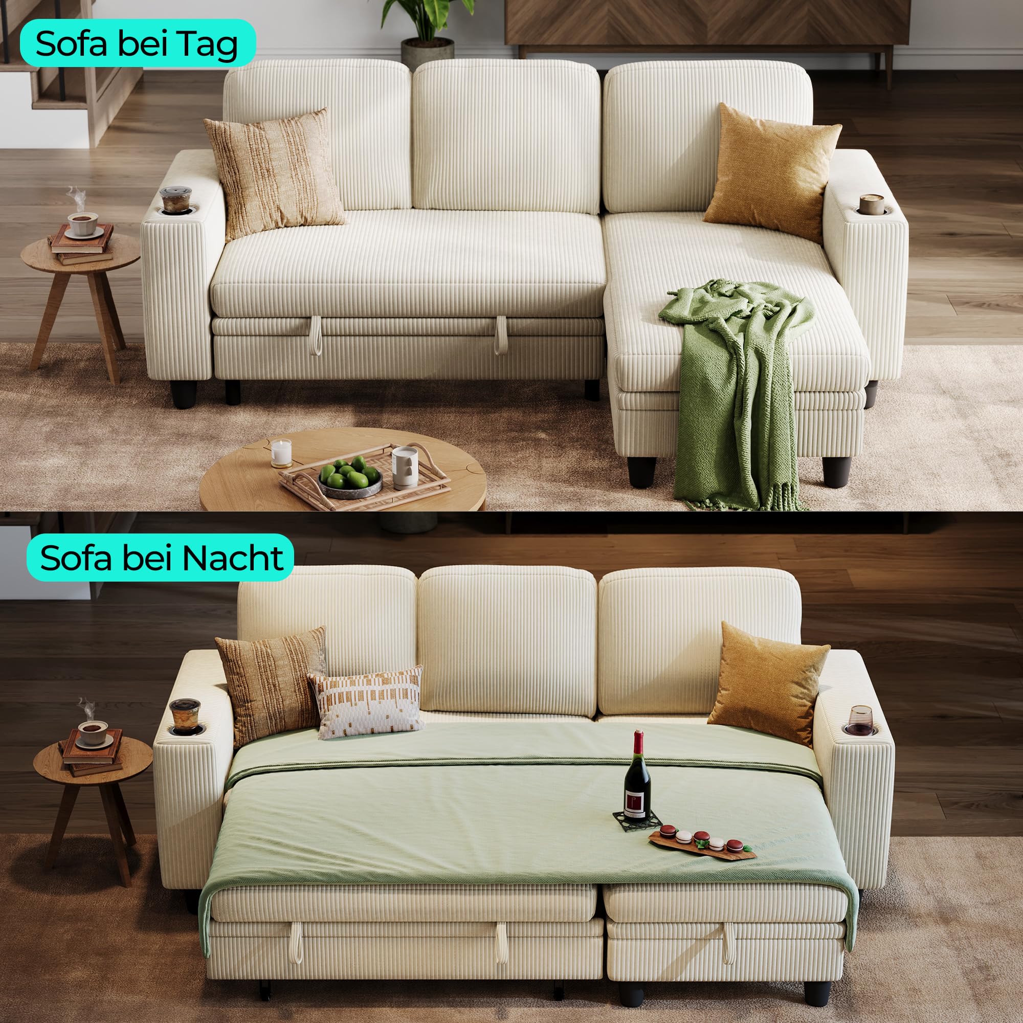 LINSY HOME Schlafsofa Ausziehbarer Couch, Ecksofa mit Schlaffunktion, Stauraum, Cord-Bezug L-Form Modulare Sofas mit Chaiselongue für Wohnzimmer und Wohnungen (Beige, L-Form)