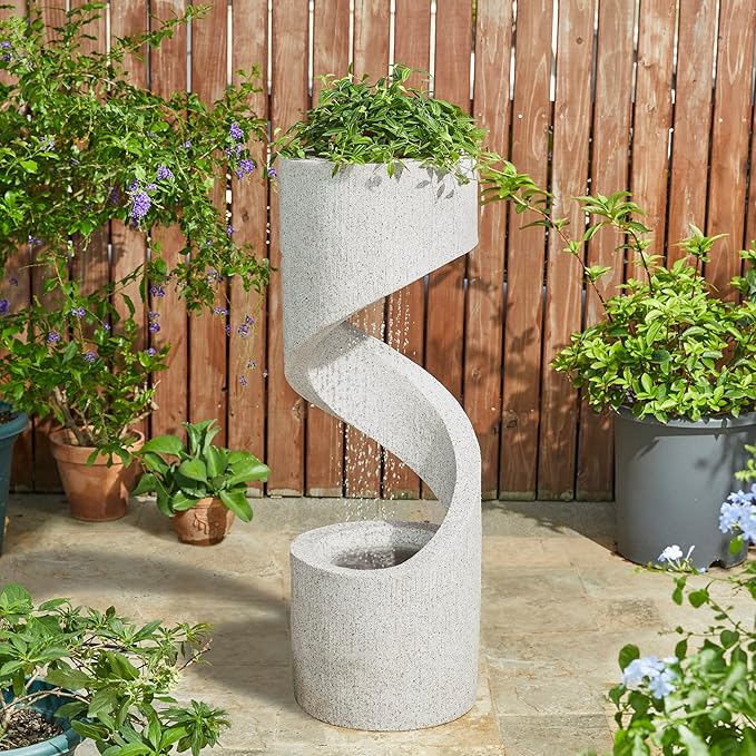 Glitzhome Decorative Tiered Outdoor Water Fountain with LED Light Vintage Curved Waterfall Fountain with Stone Planter Rustic Faux Terrazzo Spiral Shaped Fountain for Garden Patio Deck Porch, 40.25”H