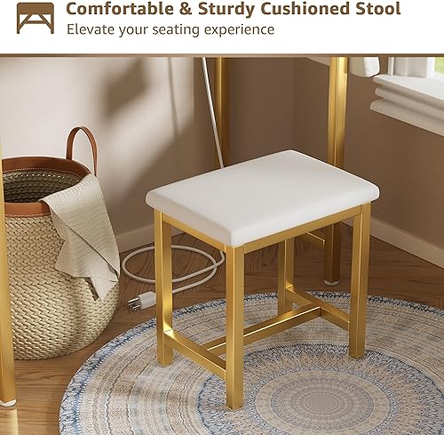 Vista 6 de Pequeño escritorio de tocador con espejo y luces – Set de tocador mini para niñas con mesa de maquillaje con silla, toma de corriente, mesa de dorado