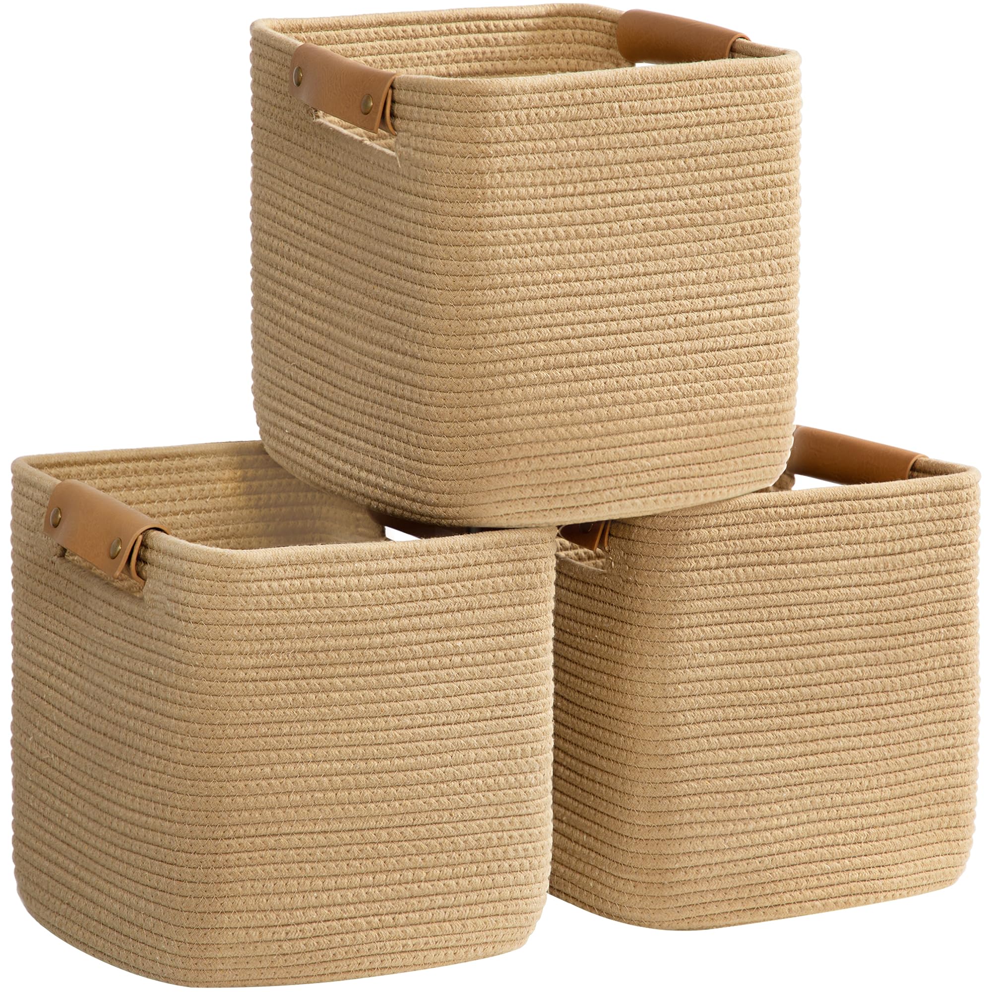 danpinera 3 Pack 11 Inch Woven Baskets for Storage, Stylish Storage Baskets for Shelves, Laundry, Bathroom, Kitchen, Cube Storage Bin, Cotton Rope