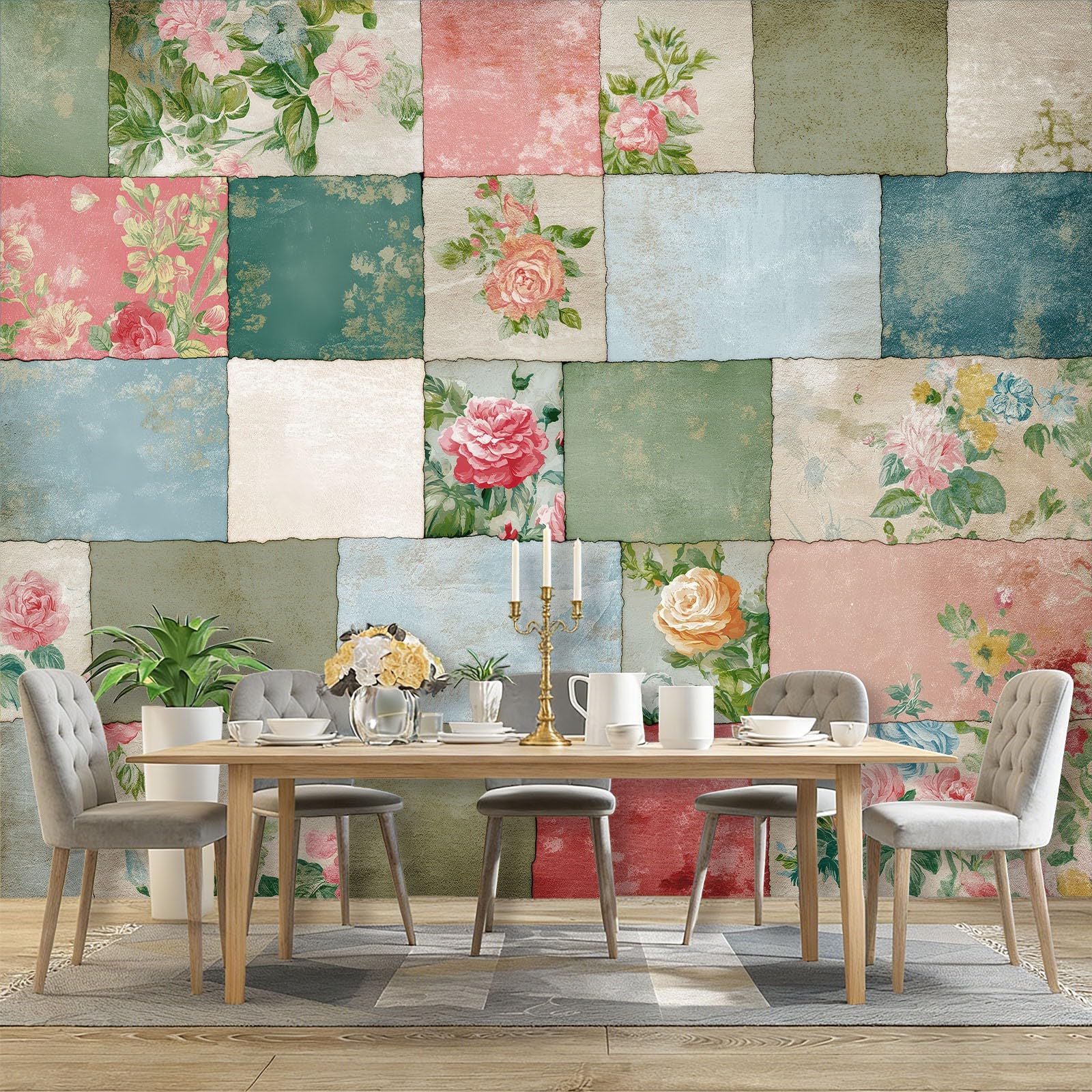 Tapeta fototapeta retro, wiejski wzór kwiatowy, patchwork, tapeta ścienna, salon, sypialnia, biuro, korytarz, kolorowa tapeta na fizelinie, tapeta ścienna, dekoracja ścienna, 350 x 256 cm