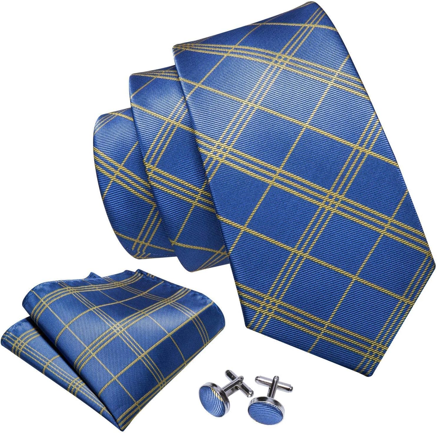 Barry.Wang Tie Sets for Men Silk Stripe Necktie Woven Checkered Handkerchief Cufflinks Formal Business Wedding - Image 2