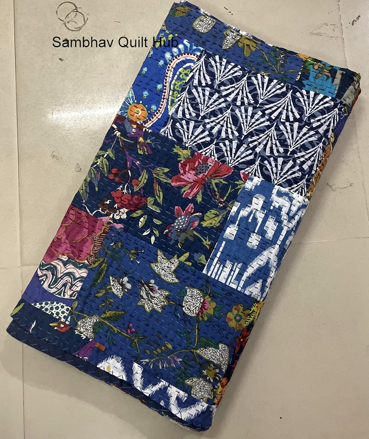 Handblock Print Multi Floral Assorted Cotton Patchwork Kantha Quilt Home Decorative Handmade Patch Quilted King Size Bohemian Bedding Throw Blanket Vintage Quilt (60X90 inches)