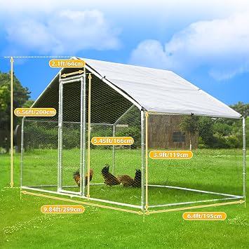 Large Metal Chicken Coops 6.4Lx9.84Wx6.6H FT for 8/10/16 Chickens with Run, Walk in Chicken Run Chicken Pen with Cover and Feeding Door, Spire Poultry Cage Hen House for Yard with Cover