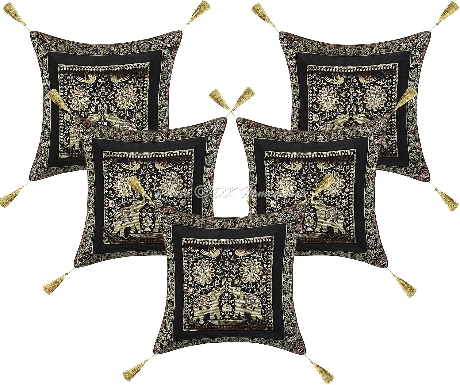 Indian Throw Pillow Covers 18 x 18 Inch Brocade Jacquard Weave Ethnic Square Elephant Cushion Covers (Size - 45x45 cm ; Color: Black & Gold) - Set of 5 Pcs (Cover Only)