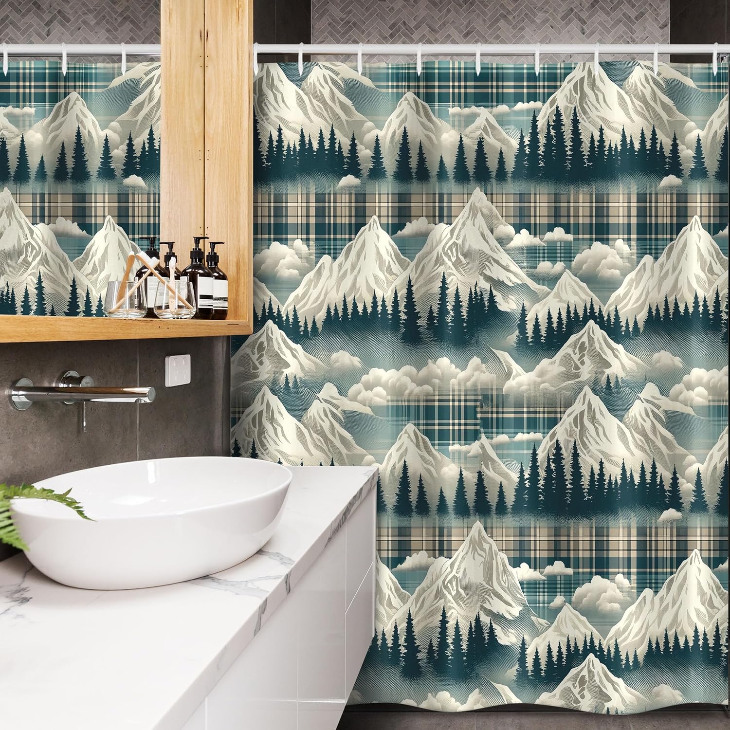 Ambesonne Christmas Stall Shower Curtain, Snowy Mountain Range Art with Foggy Pine Trees on Greenish Plaid Back, Fabric Bathroom Decor Set with Hooks, 54" W x 78" L, Off White Teal Sepia
