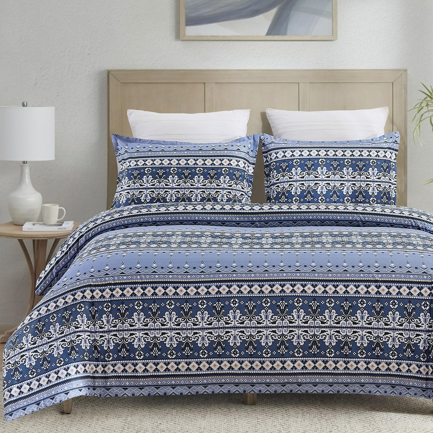 Vaulia Microfiber Duvet Cover Queen, 3Pcs Boho Blue Paisley Patterned Bedding for All Seasons with 1 Comforter Cover 2 Pillowcases