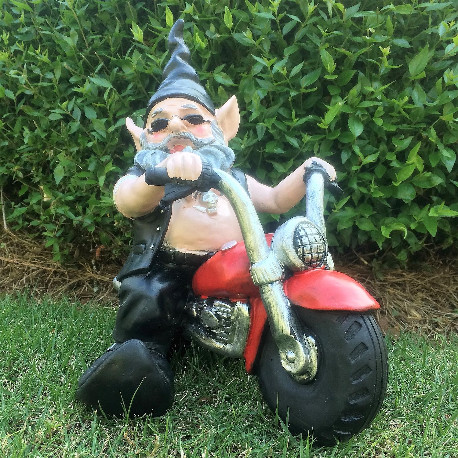 "Biker Dude & Babe The Biker Gnomes in Leather Motorcycle Gear Riding Red and White Hogs Home & Garden Gnome Statue 12" H