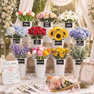Yungyan 80 Pcs Flower Bar Supplies Flower Bar Buckets Set Include Flowers Buckets Wood Sign Gift Bags Ribbon Garden Flowers Shears Blackboard Clipper for Wedding Bridal Bloom Bars Supplies (White)