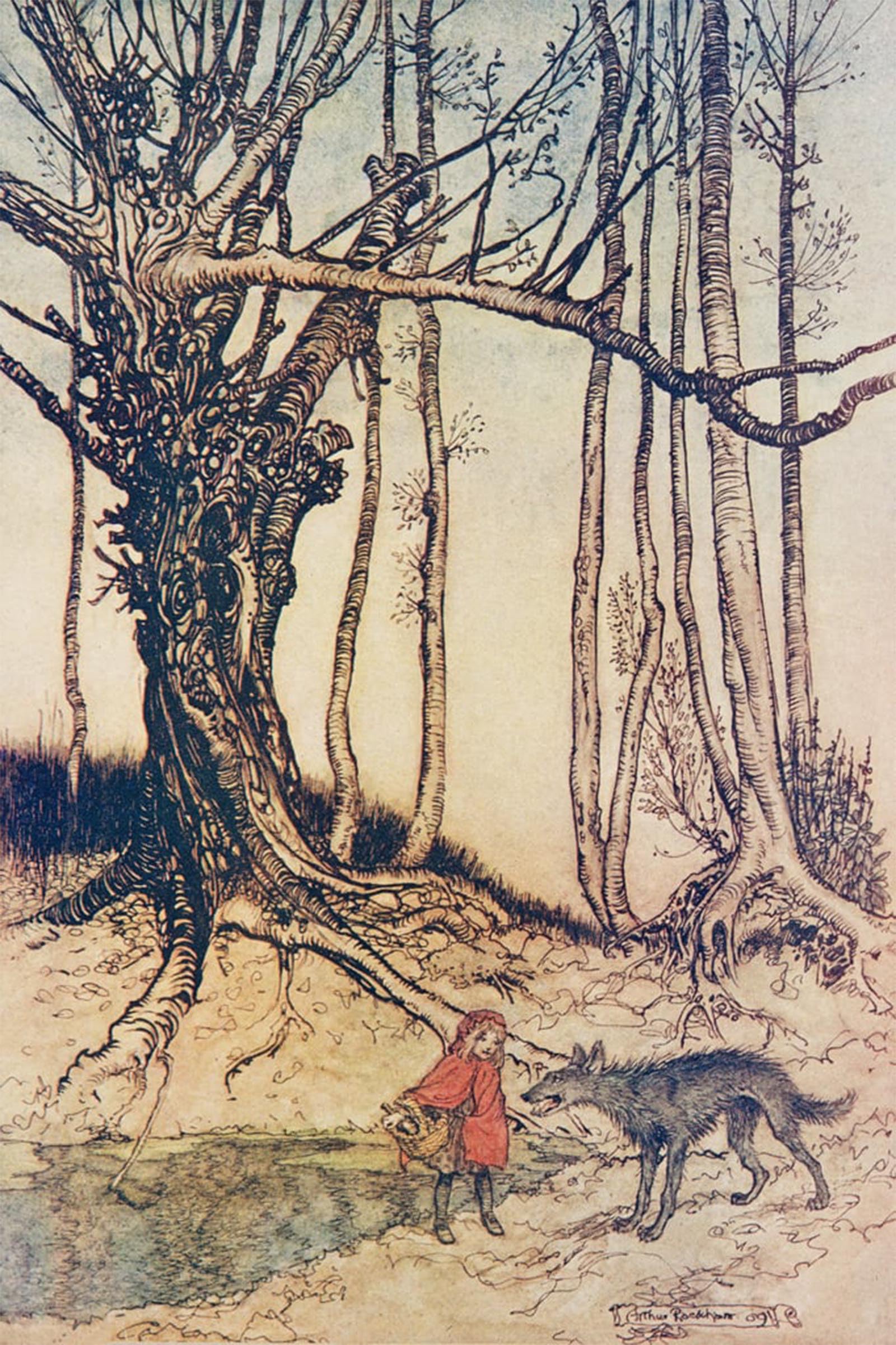 ARTXLXXBN Famous Painting Art Wall Decor Abstract Art Picture When She Got to the Wood She Met a Wolf by Arthur Rackham Animal Pictures for Home Decor 60x90cm