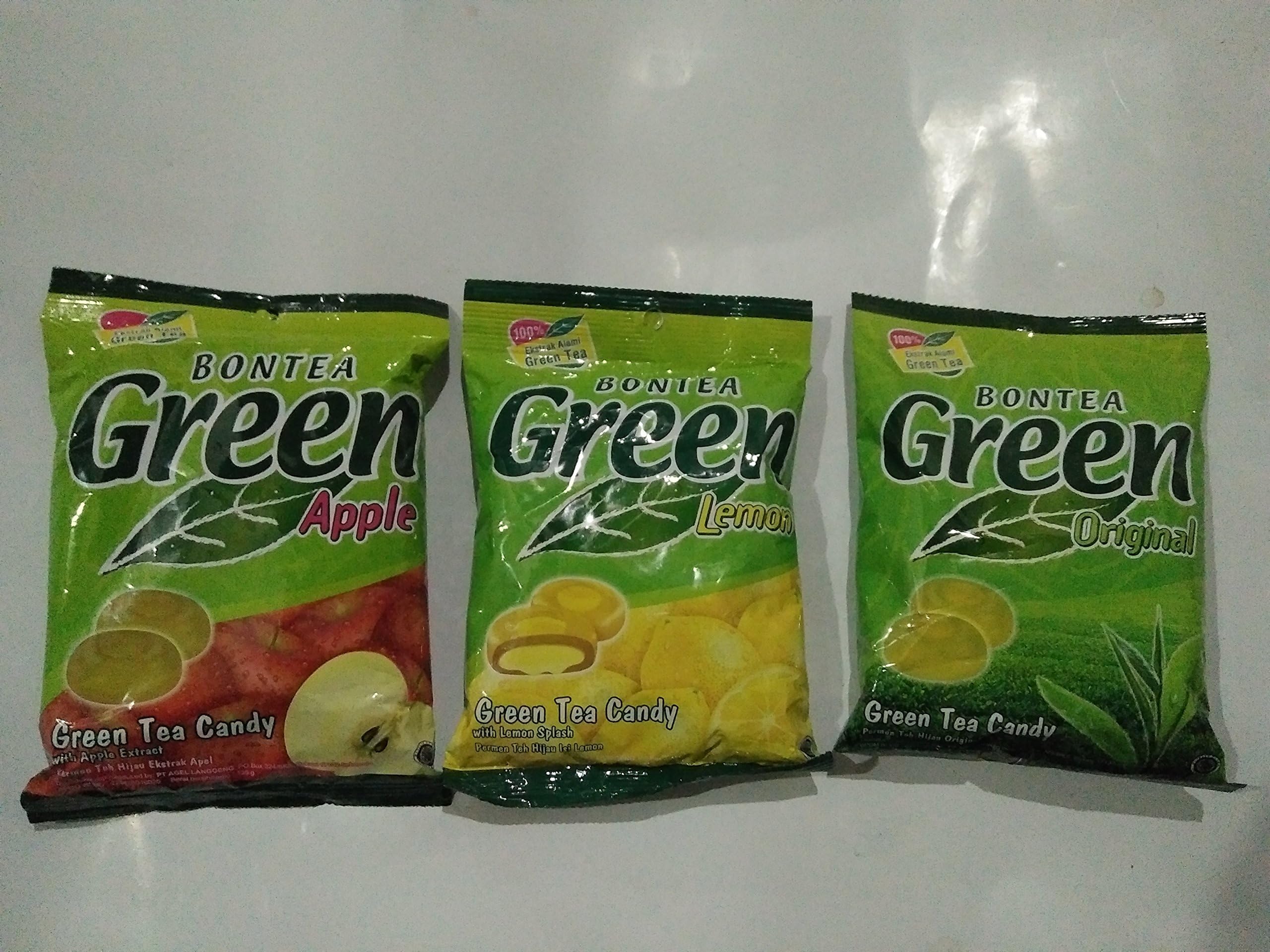 3 Variant (1 Pack each) of Bontea Green Tea Candy, 144 Gram (Original, Apple, Lemon Splash)