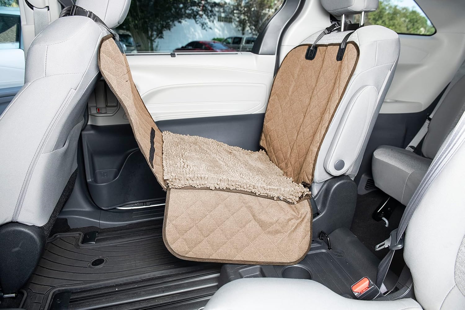 Dog Gone Smart Pet Products Single Backseat Dog Cover for Car - Highly Absorbent Microfiber Material w/Hammock Safety Feature - Durable Oxford Water-Proof Fabric (Tan)