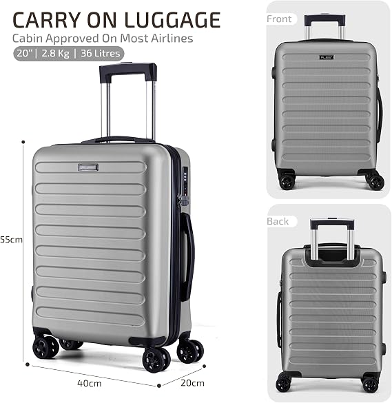 FLIEE Cabin Suitcase Hard Shell | Lightweight Suitcase | Telescopic Handle | TSA 3 Digit Combination Lock | 55x40x20cm Cabin | Suitable for Ryanair, Easyjet, Jet 2 Paid Carry-ons | (Grey, Cabin 20'')