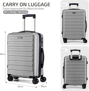 FLIEE Cabin Suitcase Hard Shell | Lightweight Suitcase | Telescopic Handle | TSA 3 Digit Combination Lock | 55x40x20cm Cabin | Suitable for Ryanair, Easyjet, Jet 2 Paid Carry-ons | (Grey, Cabin 20'')