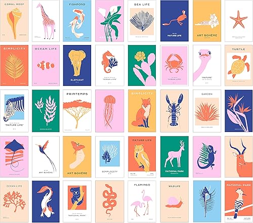 40 Piece Wild Life Minimal Contemporary Modern Art Collage Kit - Teen Room Wall, Coastal Dormitory Bedroom Decorations, Nautical Graphic Simplicity