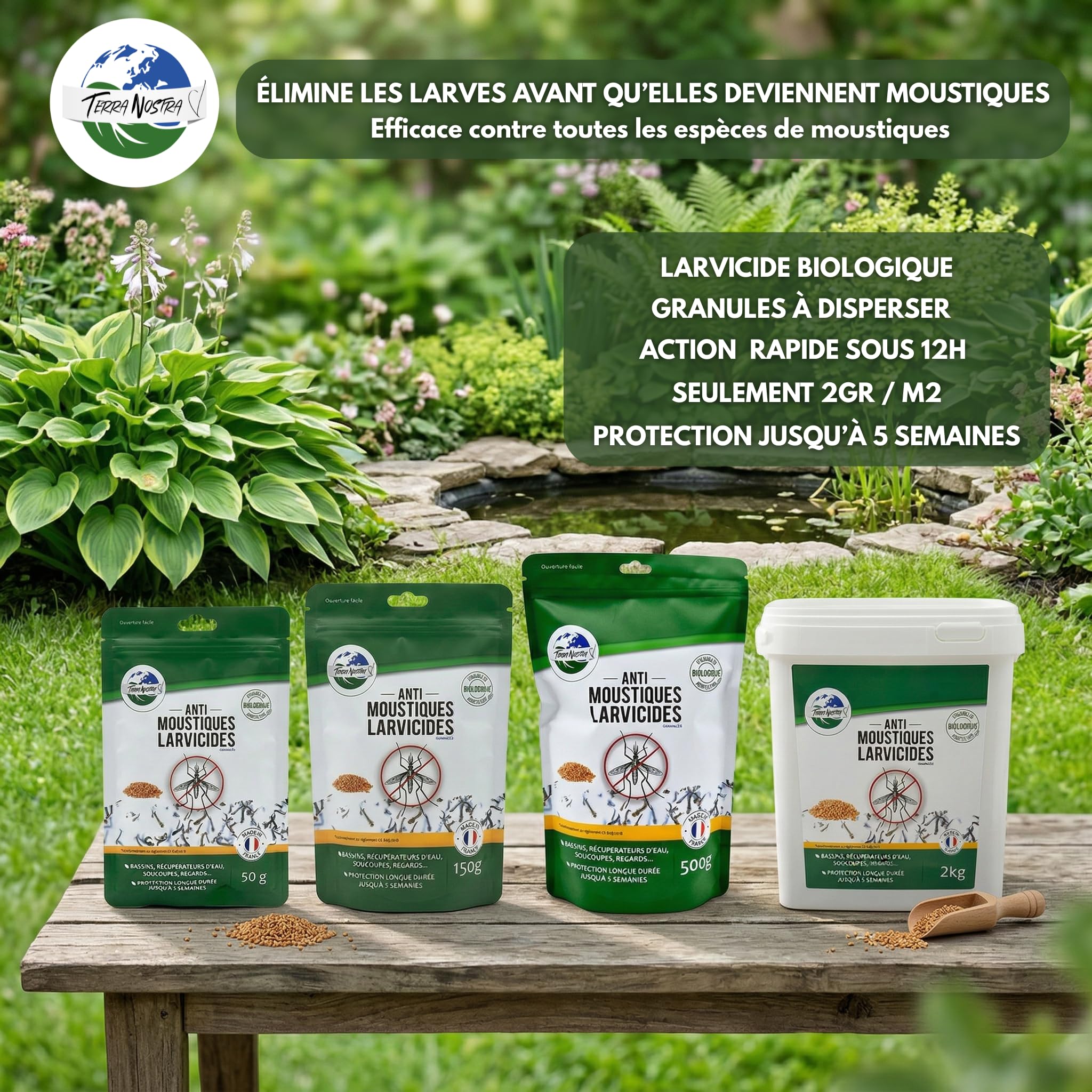 TERRA NOSTRA - Anti Moustiques Larvicides - Formulé avec du BTI - Compatible Fosse Septique - Traitement Eaux Stagnantes jusqu'à 25m² - Fabriqué en France - Pot 500g