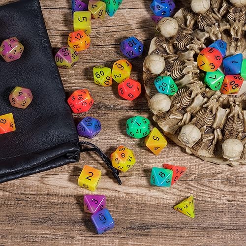 Miniatura 7 de 5 juegos de dados DND que brillan en la oscuridad, juego de 35 dados poliédricos luminosos con 1 bolsa de dados de cuero, dados D&D brillantes para