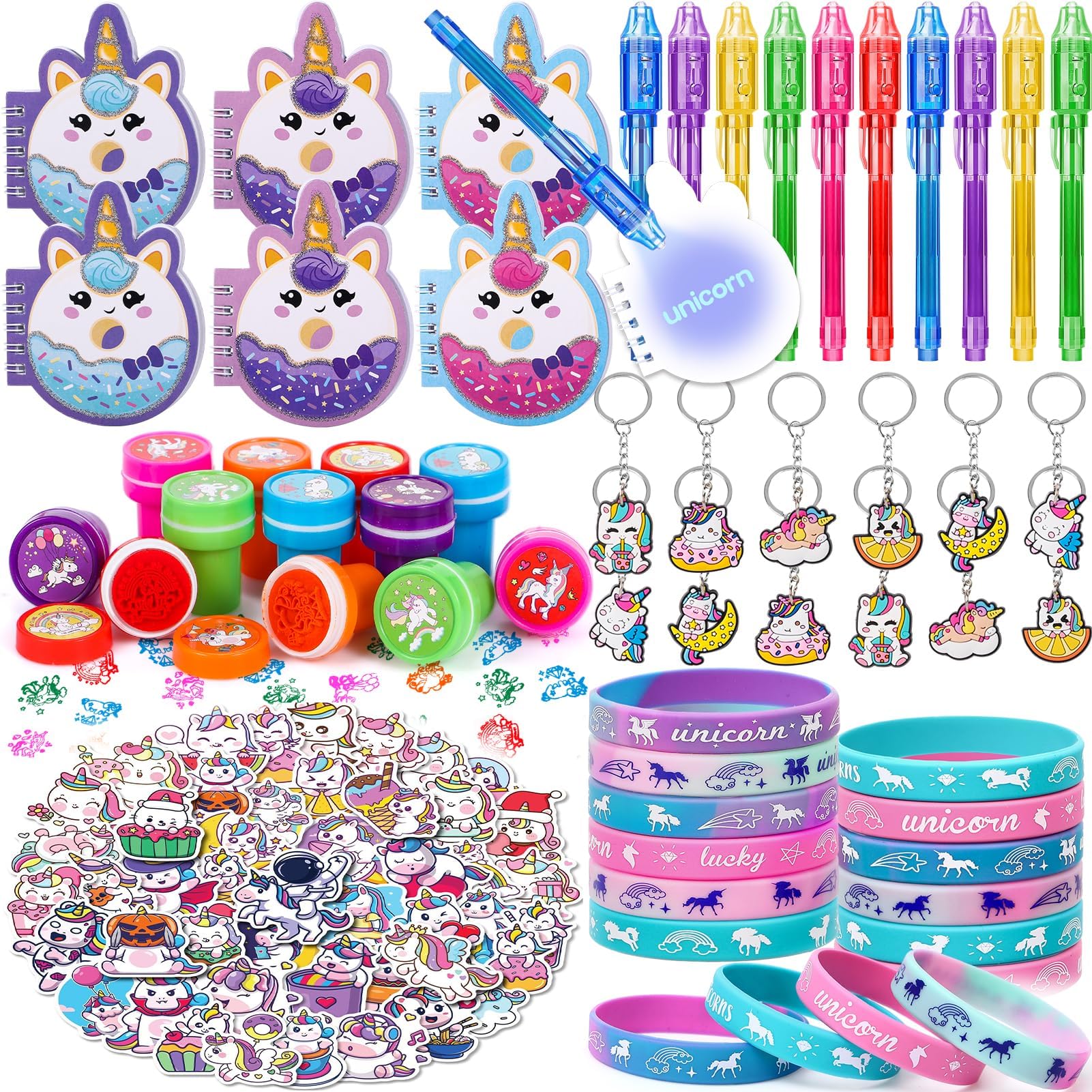 G.C 110pcs Unicorn Party Bags Fillers for Girls Unicorn Notebook Invisible Ink Pen Unicorn Stamps Keychains Stickers Silicone Wristbands Spy Birthday Party Favours Kids Unicorn Pinata Fillers