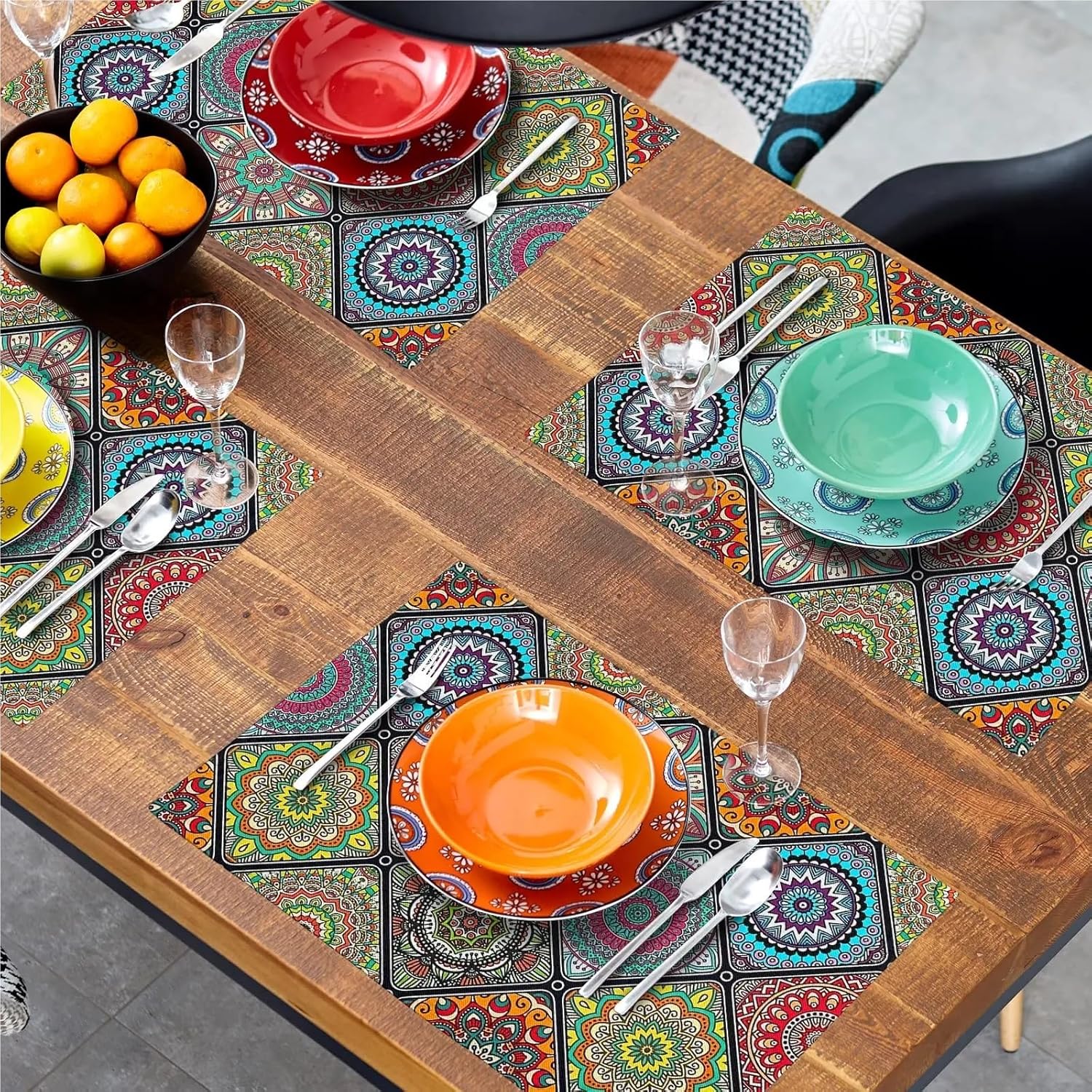 Boho Mandala Placemats, Mexican Ethnic Pattern with Geometric Plaids, Abstract Flower Washable Linen Table Place Mats Set of 4(7)