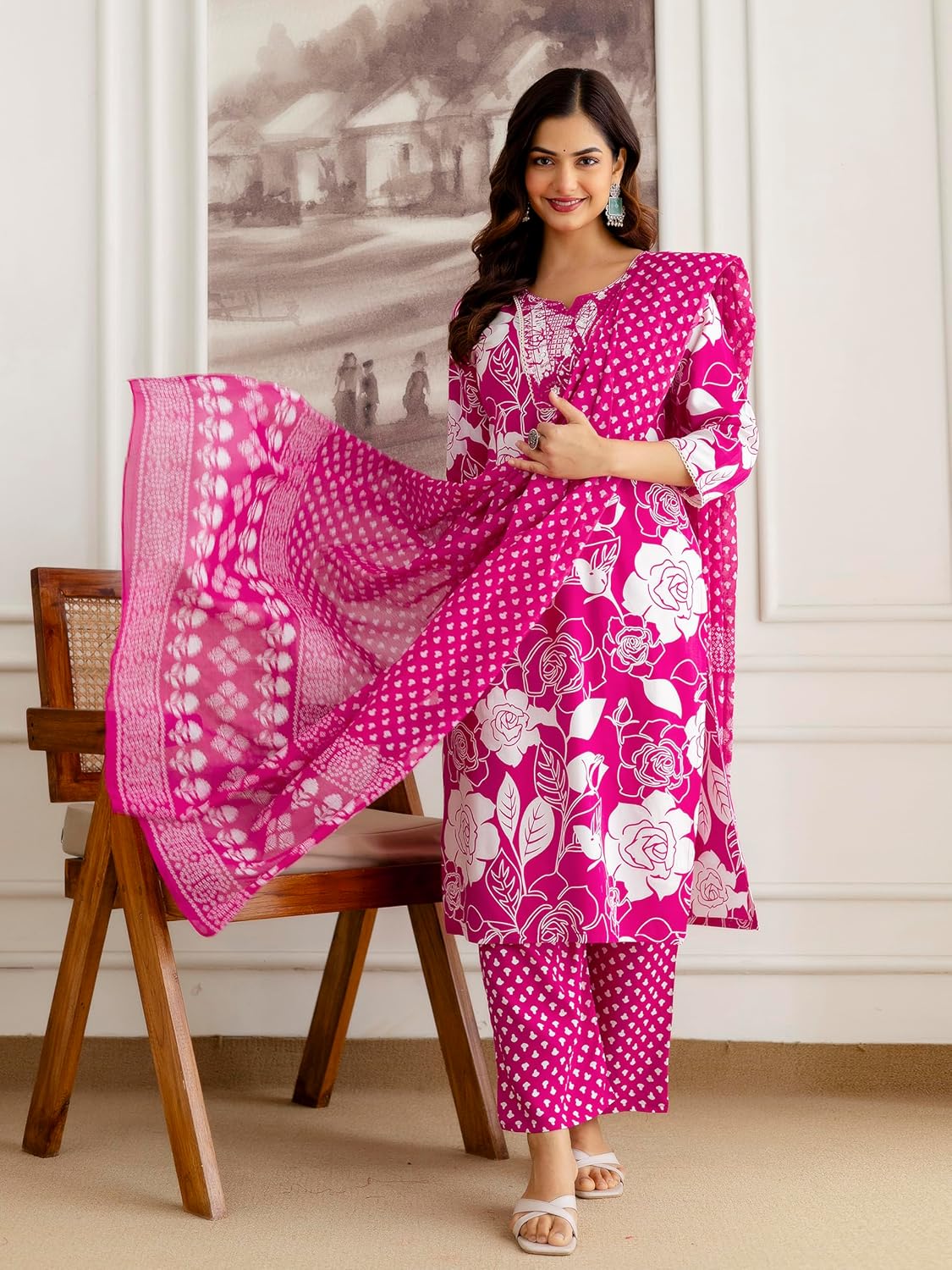 TRENDMALLS Women’s Jaipuri Pure Cotton Floral Print Kurta Pant with Dupatta Set | Embroidery Neck Work Kurta Set Ethnic Wear