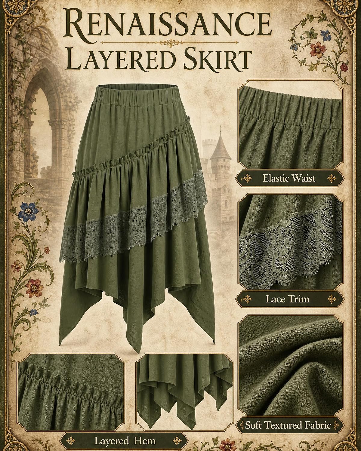 MOSTORY Green Renaissance Skirt Women - Asymmetric Woodland Fairy Skirt with Lace for Medieval Cosplay Cottagecore Outfit