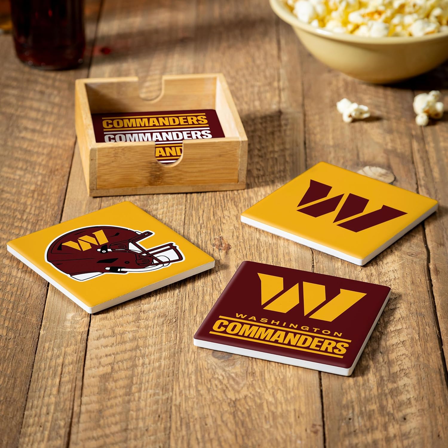 NFL Washington Commanders Coasters Set with Wood Caddy, 4pcs Ceramic Stone Beverage Drink Coasters with Wooden Holder, Football Tabletop Décor for Home, Bar, Kitchen, Man Cave, or Office