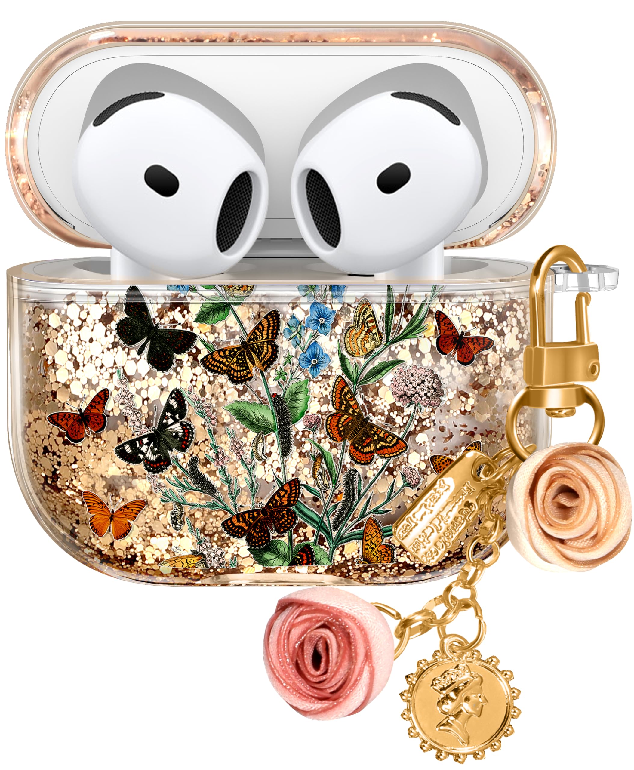 Kokaaee for Apple for Airpods 4 Case 2024 - Quicksand Liquid Cute Aesthetic Cover Mujer Girl Women Sparkling Sparkle Glitter Bling Sparkly Butterfly