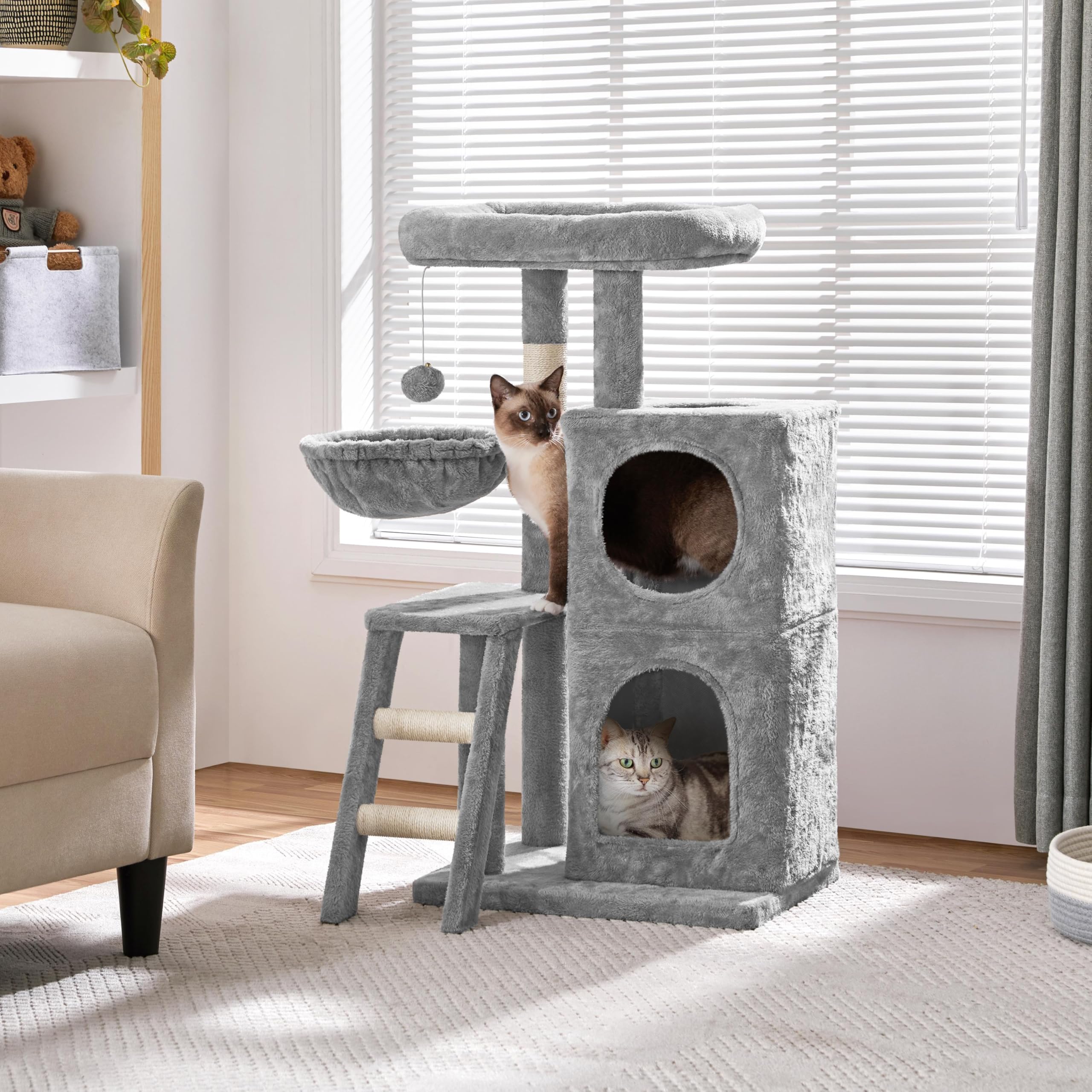 Yaheetech 94 cm Kratzbaum klein Katzenbaum mit 2 Katzenhöhlen hellgrau