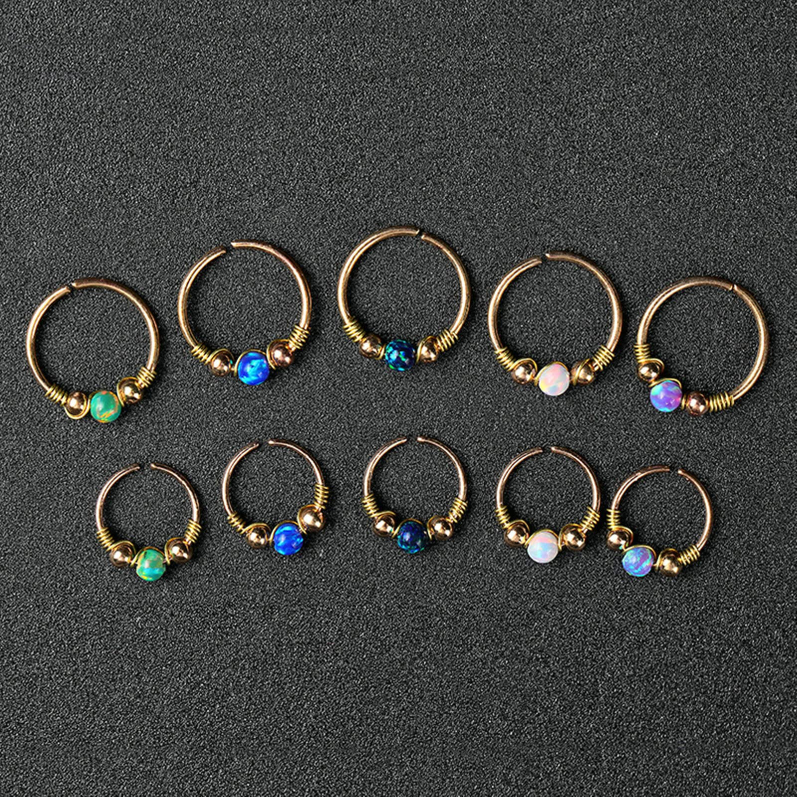 10 szt. kolczyków do piercingu helix, pierścień do przegrody nosowej, okrągły kształt z opalem, kolczyk do nosa, Opal, stal nierdzewna, Bez kamieni szlachetnych