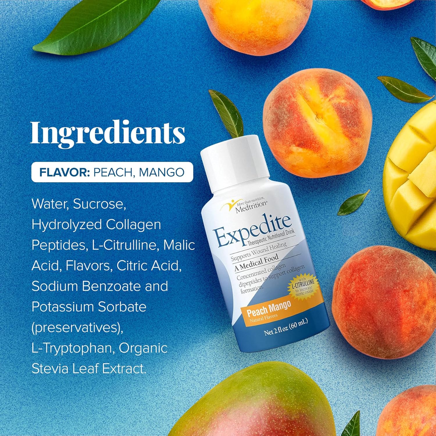 Medtrition Expedite Liquid Collagen, Peach Mango, 2 Fl Oz, Pack of 48 - Nutrition Support for General, Orthopedic & Cosmetic Surgery Recovery
