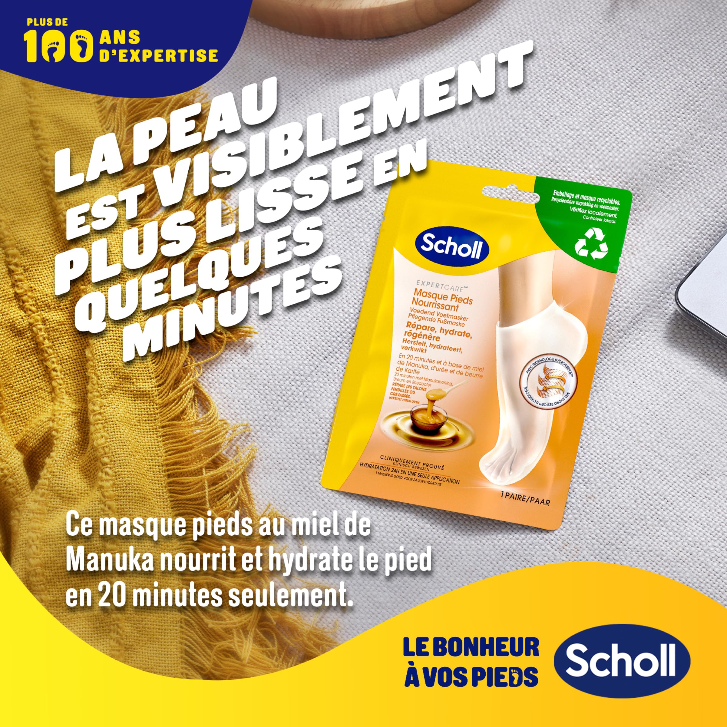 Scholl Masques pour pieds Nourrissants - Lot de 4 paires - Des pieds plus doux en une seule application - Formule composée d'huile de manuka, d'urée et de beurre de karité pour une hydratation intense