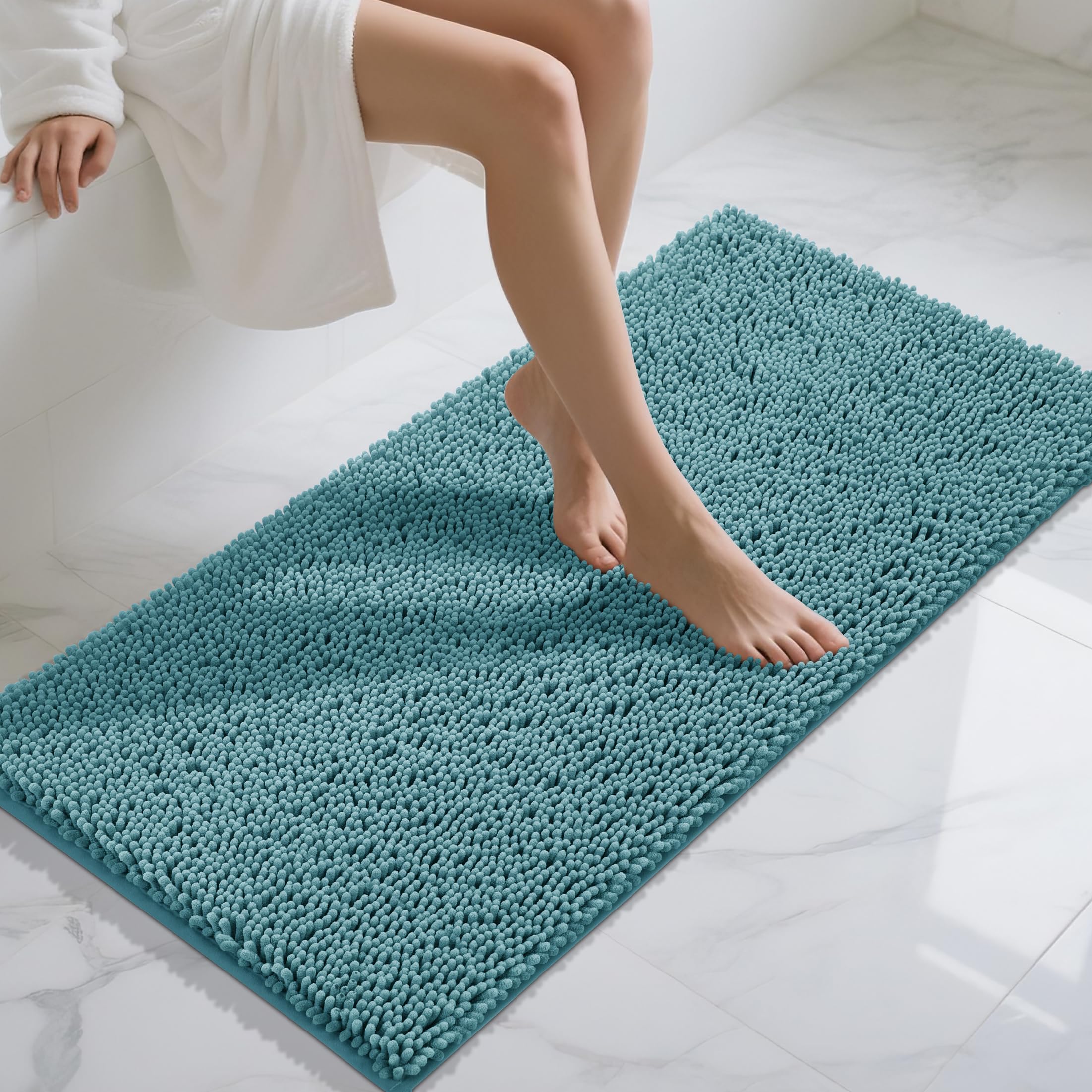 Yimobra Long Chenille Bathroom Rug 47"x24" - Extra Soft Non Slip Bath Mat - Super Absorbent Quick Dry Plush Shaggy Floor Carpet for Tub & Shower - Machine Washable, Teal Blue