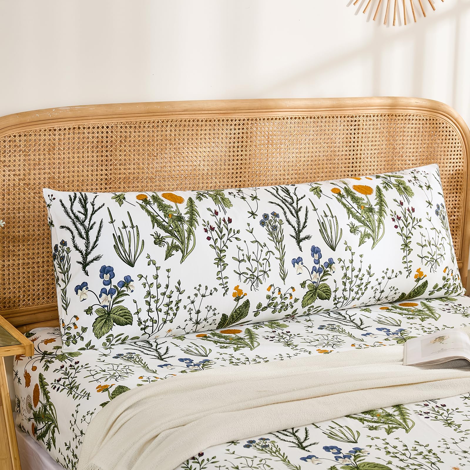 Herside Body Pillowcase 100% Cotton Pillow Case, 1-Piece Vintage Green Floral Pillow Cover, Soft Breathable Natural Pillow Case with Envelope Closure (Body, 50x137cm)