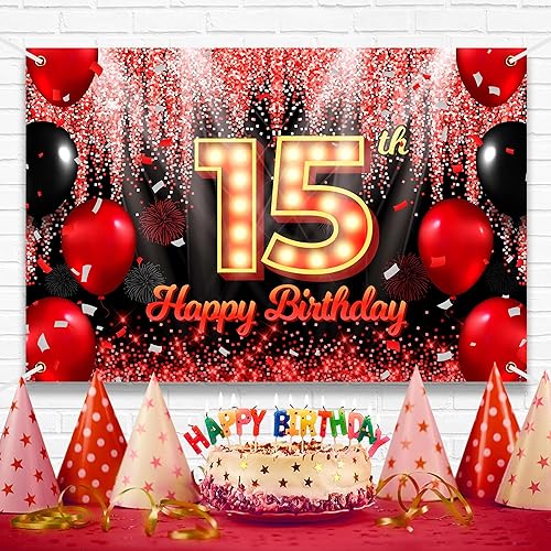 Miniatura 2 de Cartel de fondo de feliz cumpleaños número 15, fondo negro y rojo con fondo neón brillante para fiesta de cumpleaños, fotografía, fondo de cabina