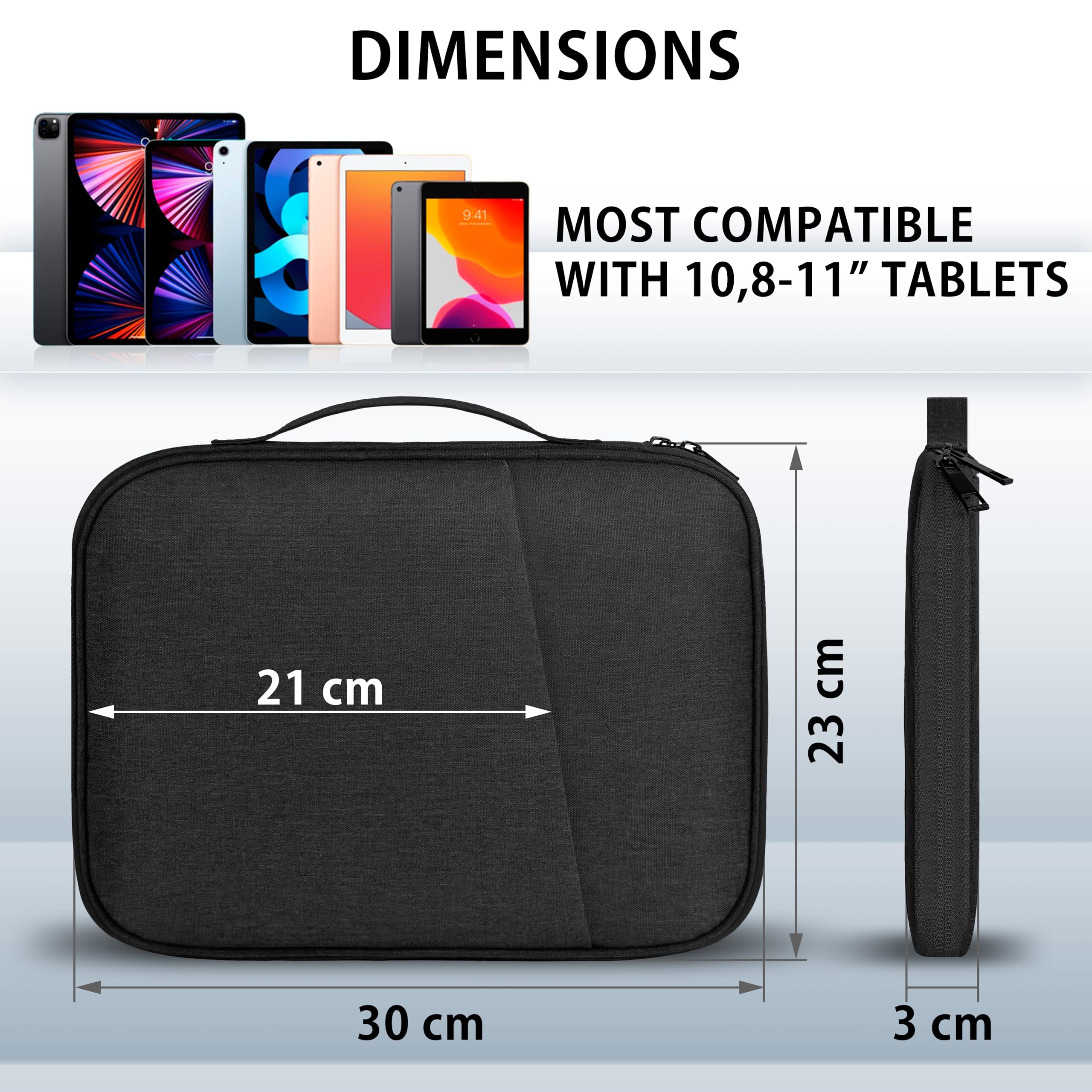 MyGadget Porta Tablet da 11 Pollici [ 30 x 23 cm ] - Custodia con Interno Morbido e Manico - Spazio per Mouse & Accessori - per iPad Pro | Air & Galaxy Tab - Nero