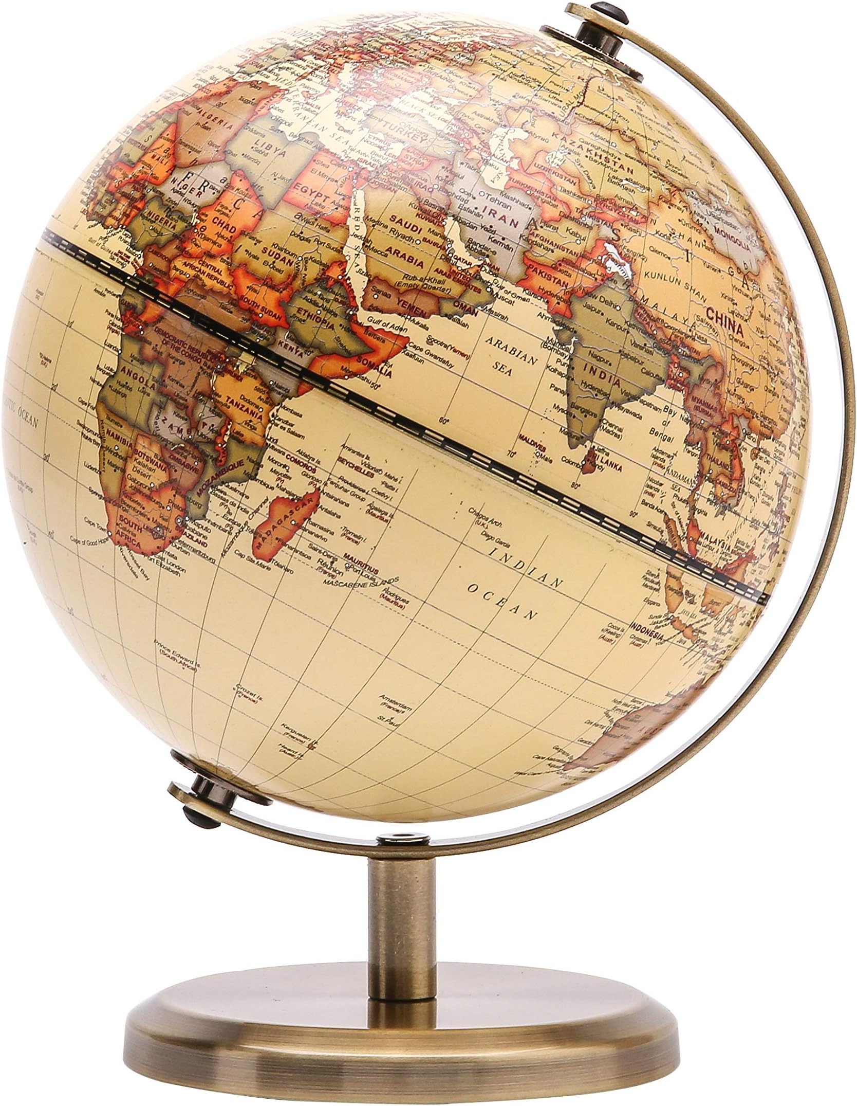 Exerz 14cm World Globe Mini Antique Globe in English - Modern Map in Antiue colour - Educational/Geographic/Desktop Decoration - 14cm Diametre Metal Arc And Base Bronzed Colour
