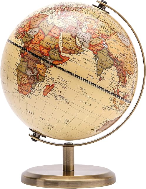 Exerz 14cm World Globe Mini Antique Globe - Educational/ Geographic/ Modern Desktop Decoration - 14cm Diametre Metal Arc and Base Bronzed Colour - School, Home, and Office