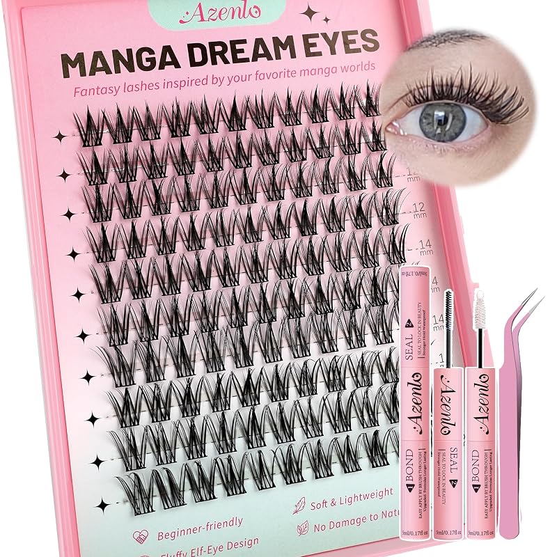 Cílios postiços em tufos Azenlo Manga, estilo anime, fibras PBT, 10–16 mm, com adesivo e pinça