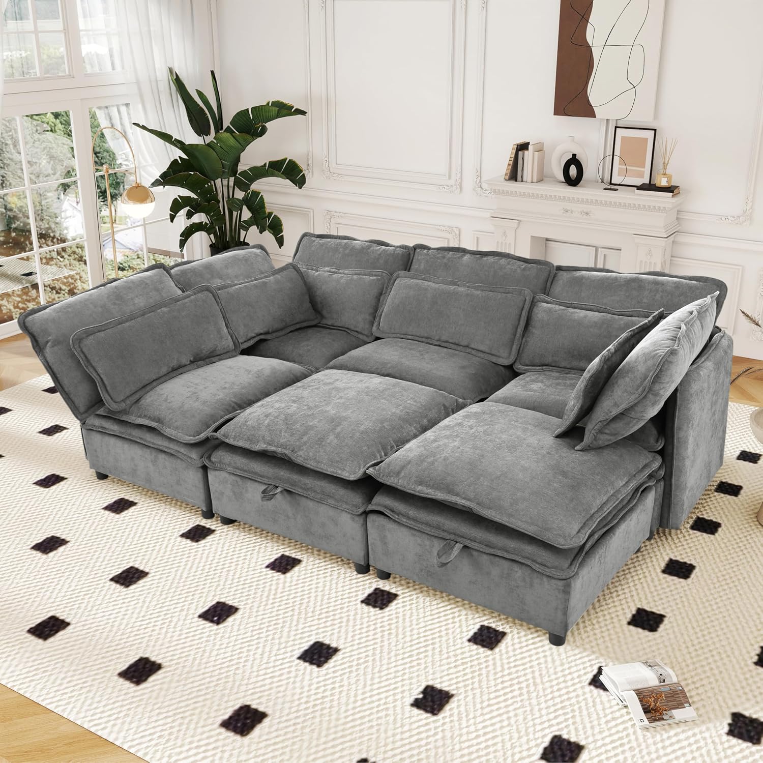 Ball & Cast U Shaped Modern Large Modular Sofa,124.4" Freely Combinable 6-Seater Couch with Storage Function Sofa Bed,for Living Rooms, Offices and Apartments,Easy to Assembly,Grey