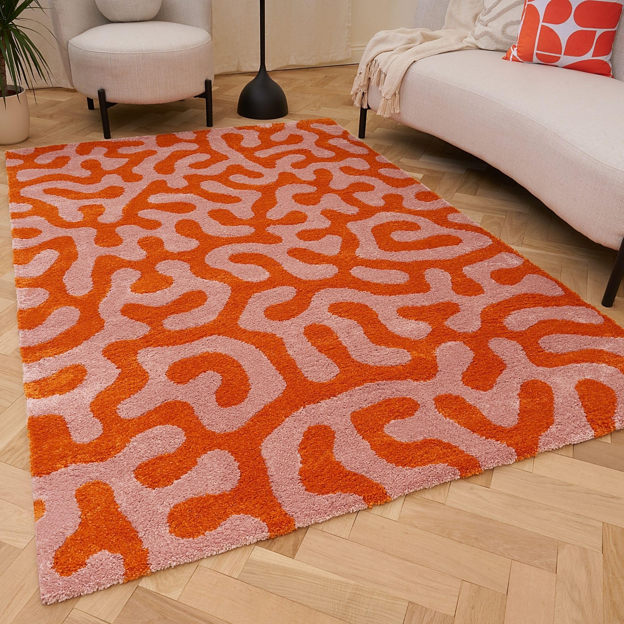 THE RUGS Joli Area Rug - Soft Dense Pile Modern Artistic Design, Durable & Easy Care Carpet for Living Room & Bedroom - Doodle Orange & Pink, 160 x 230 cm