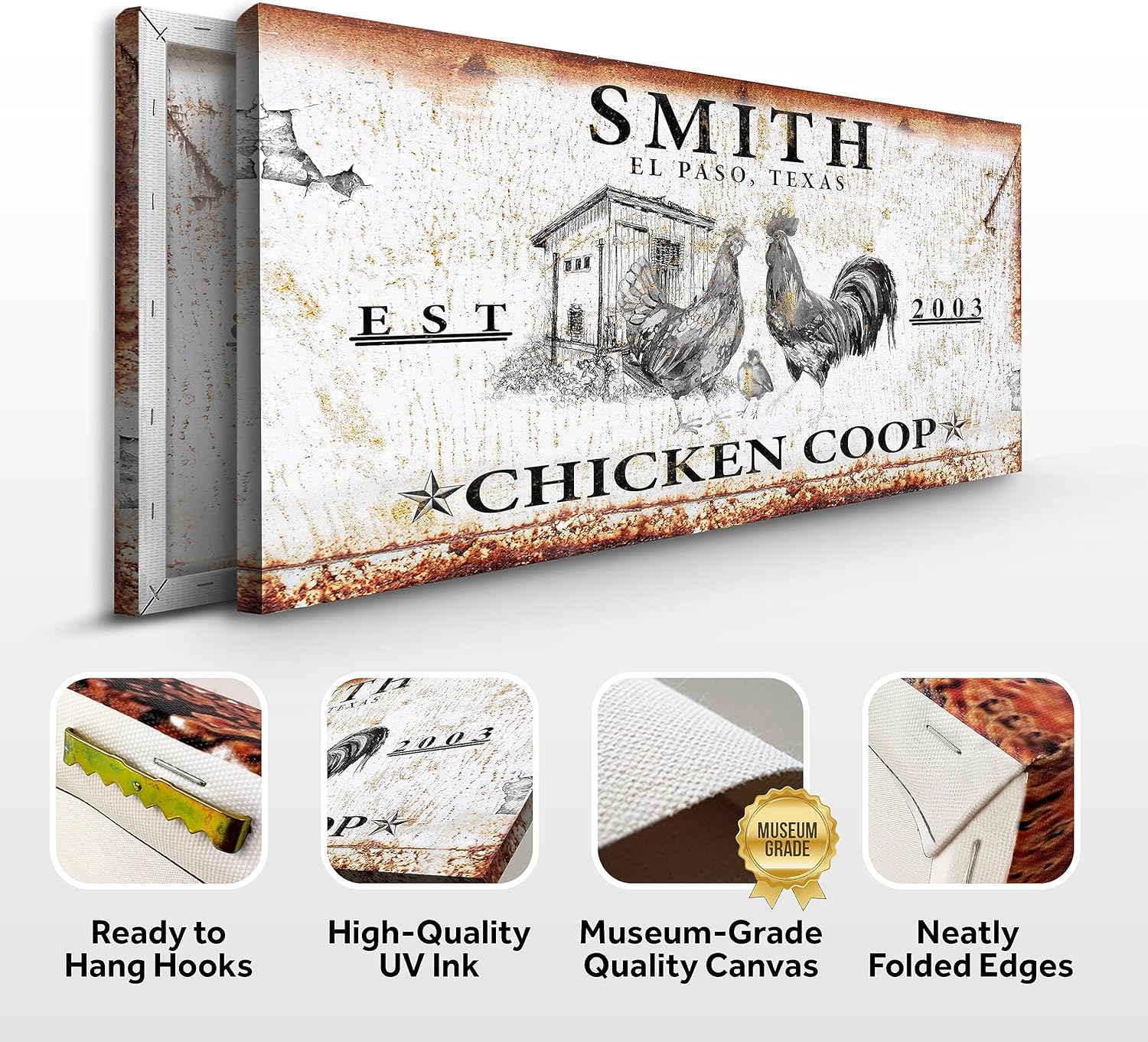 TAILORED CANVASES Chicken Coop Sign - Large Personalized Canvas Wall Art Decors and Accessories for Outdoor, Kitchen, Hen House, Roost Home, Farmhouse and Barn - Rustic - Rooster, Hen and Baby Chick