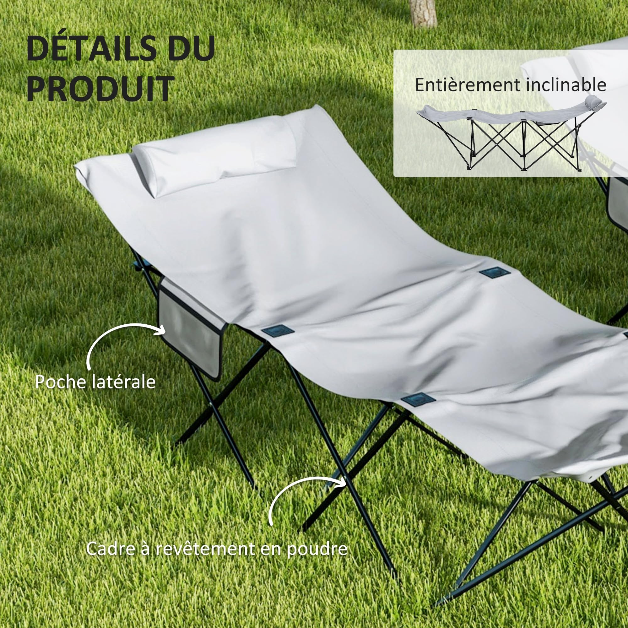 Outsunny Lot de 2 Chaise de Camping Pliables, transats Bains de Soleil avec Appui-tête, Poche latérale, chaises Longues en Tissu Oxford, châssis en Acier, Gris