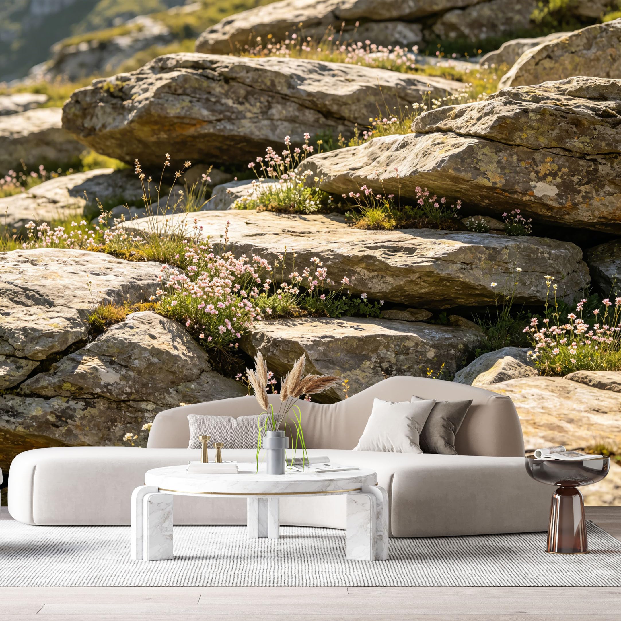 Custom Size Wall Murals Mountain Landscape Rock Formation Wildflowers Botanical Natural Scene SelfAdhesive Wall Fabric Removable Large Wallpaper for Photo Living Room