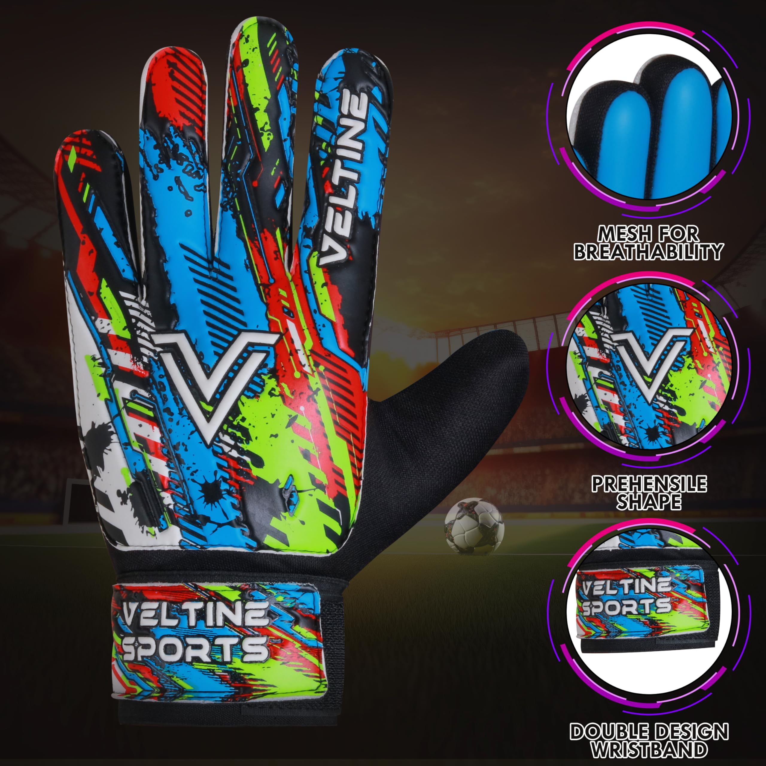 Veltine Sports Soccer Goalie Gloves, Football Goalkeeper Gloves for Kids Boys Children Youth with 4mm Latex Super Grip Palm (Cyan, Size 5 Suitable for 9-12 Years)