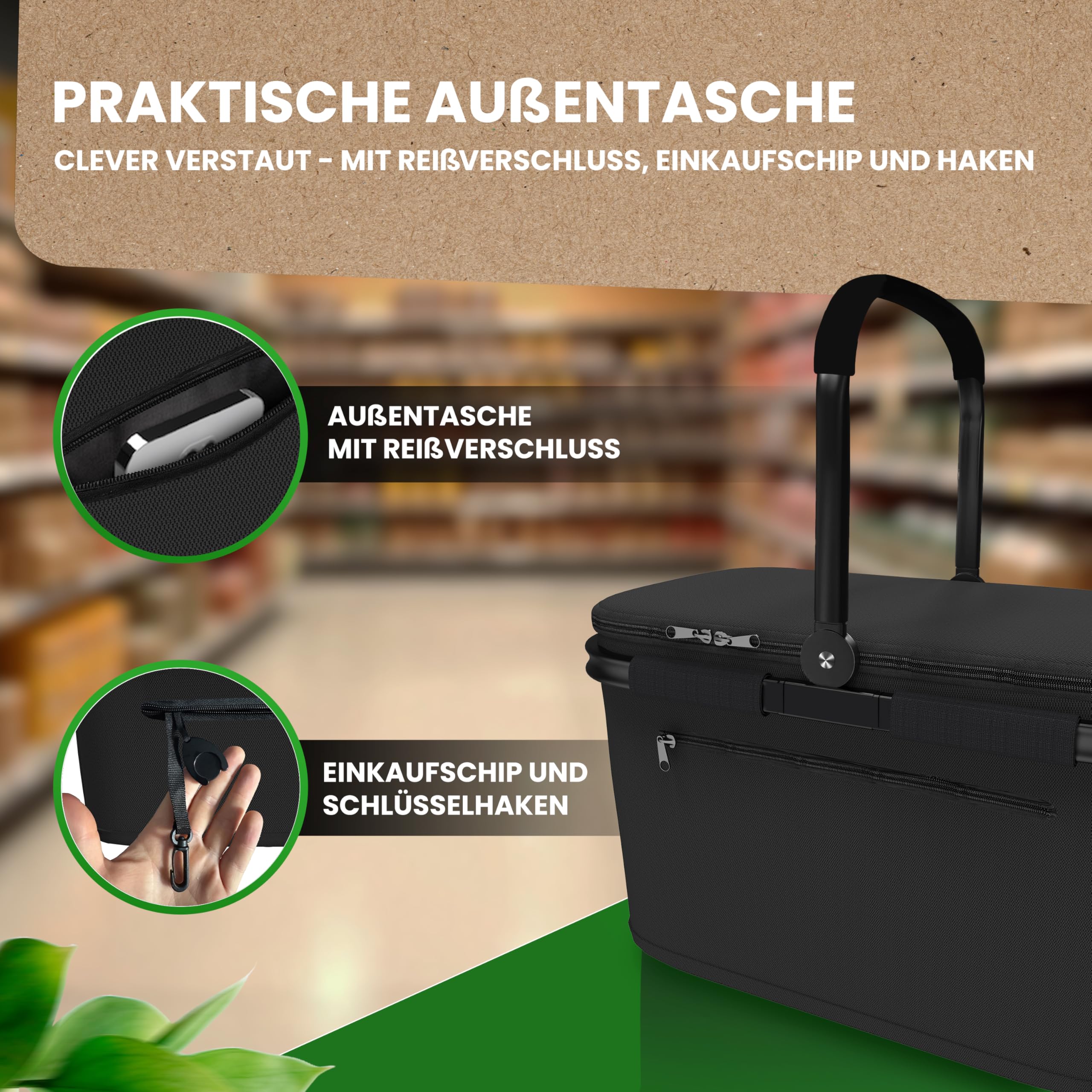 Cottara® Thermo Einkaufskorb Kühltasche groß | isolierter Einkaufskorb mit Deckel, verstärktem Boden, Frontfach mit Reißverschluss | Ideal als Kühlkorb oder Picknick Korb (Schwarz)