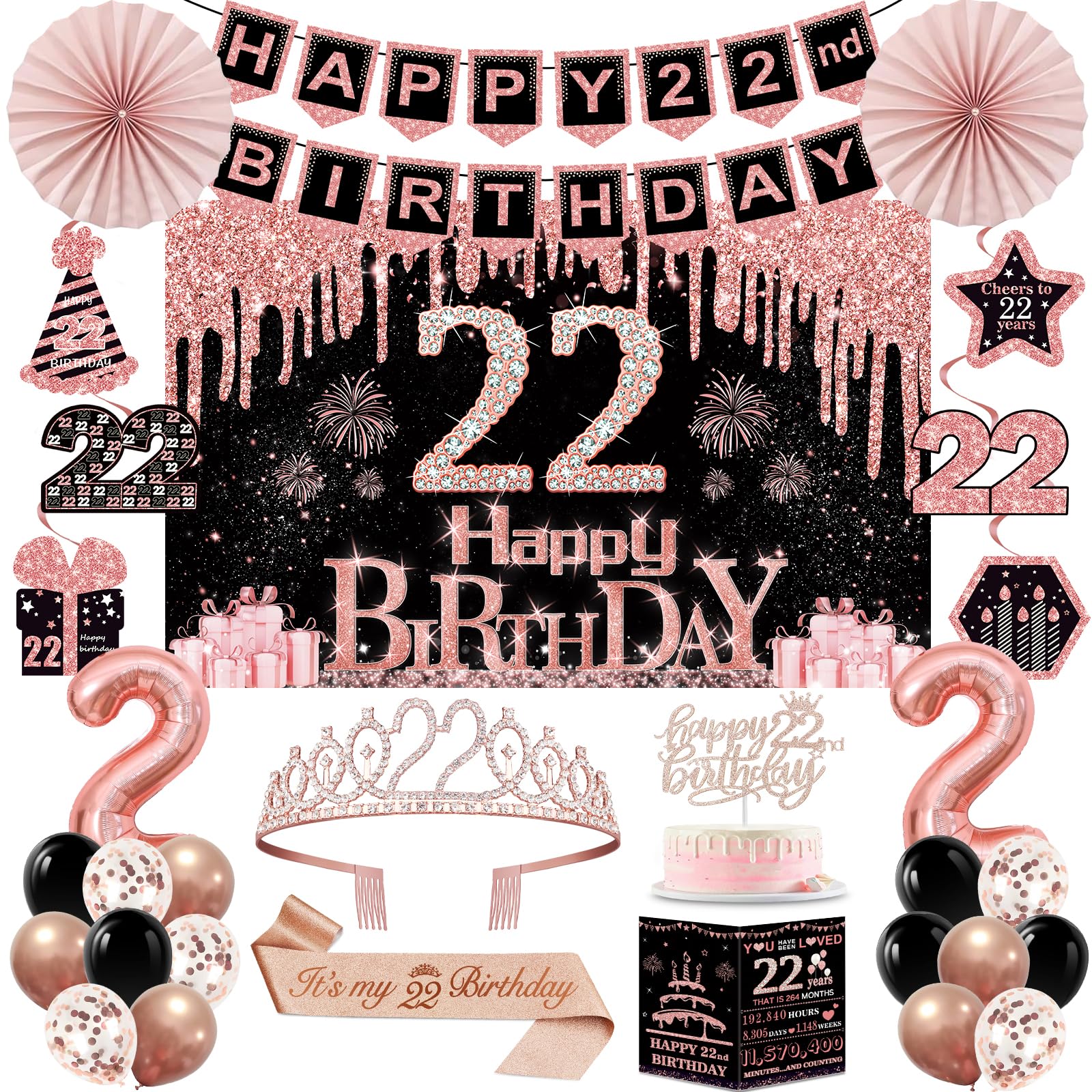 22nd Birthday Decorations for Women, 32pcs 22nd Birthday Party Decorations, Including Backdrop, Crown, Sash, Banner, Hanging Swirl, Cake Topper,Balloons, Anniversary Card, Paper Fans