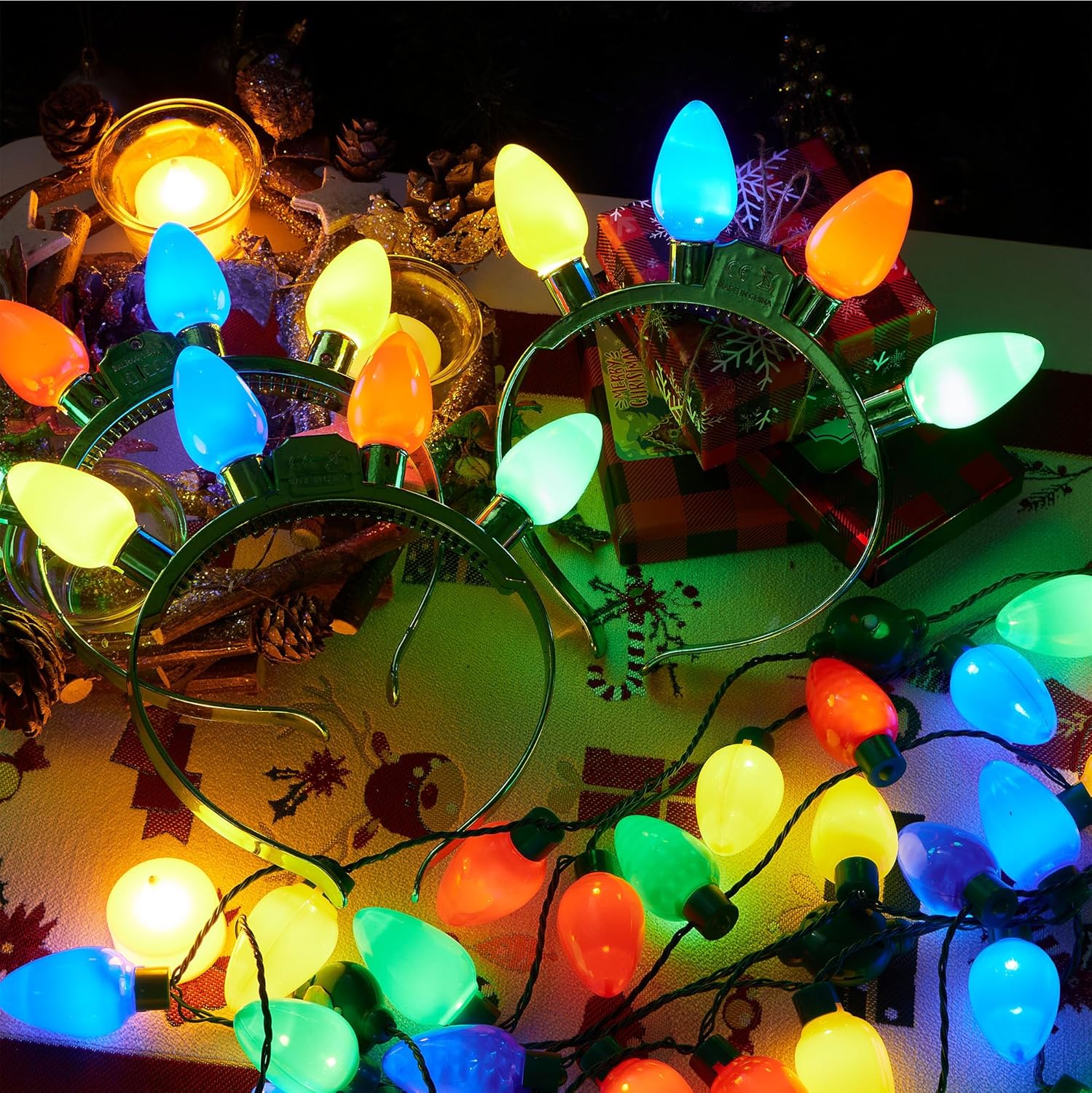 JOYIN 12PCS Christmas Light Up Headband and Necklace with 6 Flashing Modes, LED Christmas Lights Bulb Necklace Headband for Kids Women Men Xmas Party Supplies Accessories