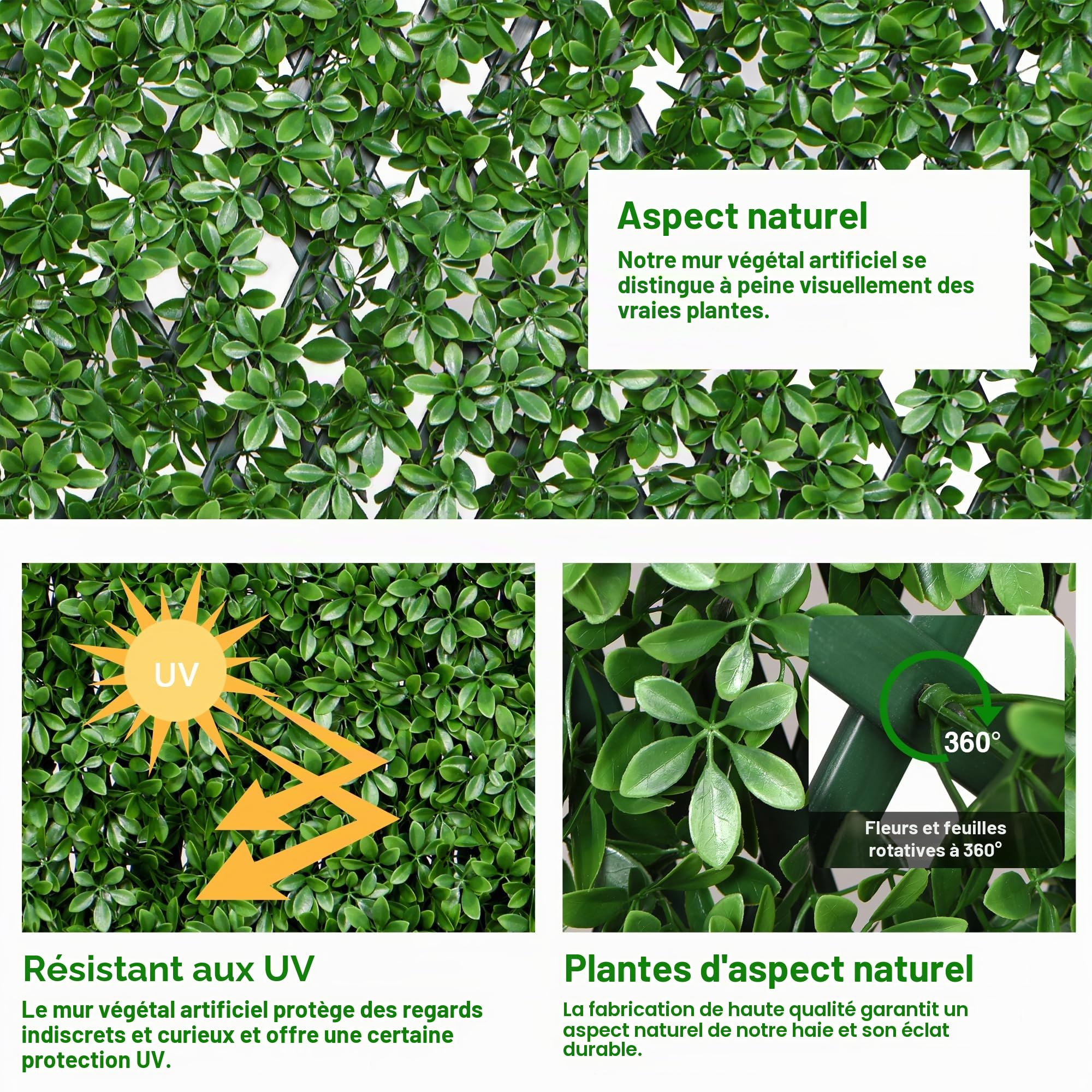 jarolift Mur Végétal Artificiel Brise-Vue Verdissement Balcon Clôture de Jardin, Convient également aux Murs Intérieurs, avec Treillis, Feuilles de Gardénia, 200 x 100 cm