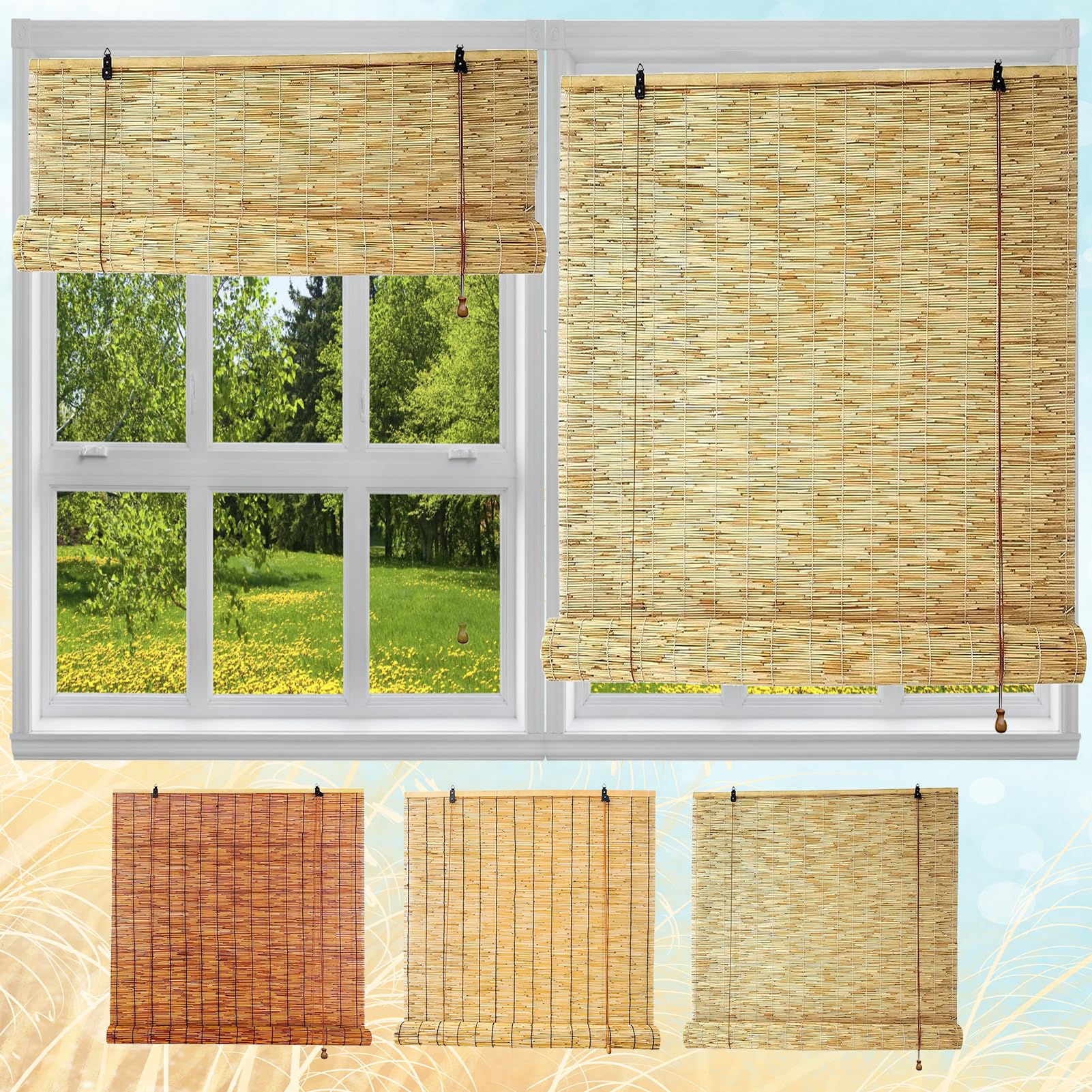 Outdoor Roller Blinds Waterproof, Bamboo Blinds for Windows Door, Natural Bamboo Reed Curtain Blinds Customizable 40 60 80 100 120 140 150 160 170cm Curtain Sunshade Easy to Install Roman Blind