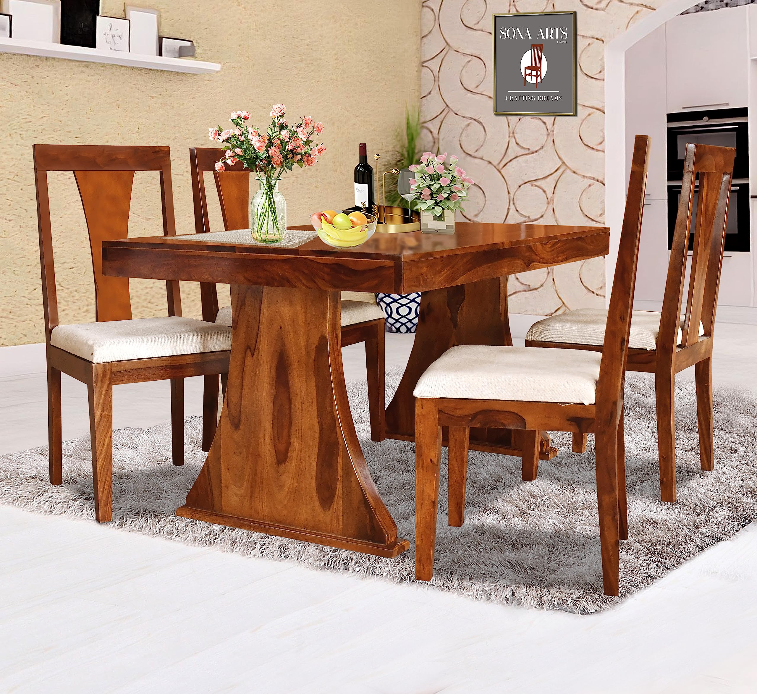 SONA ART & CRAFTS Solid Sheesham Wood 4 Seater Dining Table Set Dining Table with 4 Cushion Chairs Dinner Table Set for Dinning Room Home Hotel and Office (Honey Finish) (B0C7HRR7WH) Amazon Price History, Amazon Price Tracker